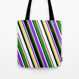 [ Thumbnail: Purple, Tan, Forest Green, Black, and White Colored Lined/Striped Pattern Tote Bag ]