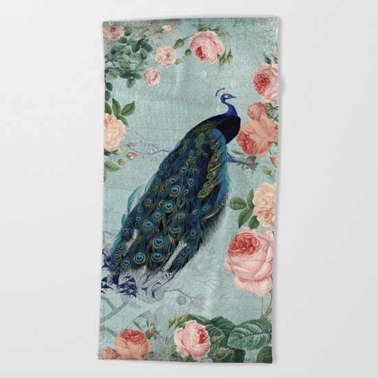 Vintage Victorian Peacock Bird and Roses Illustration on #Society6 Beach Towel