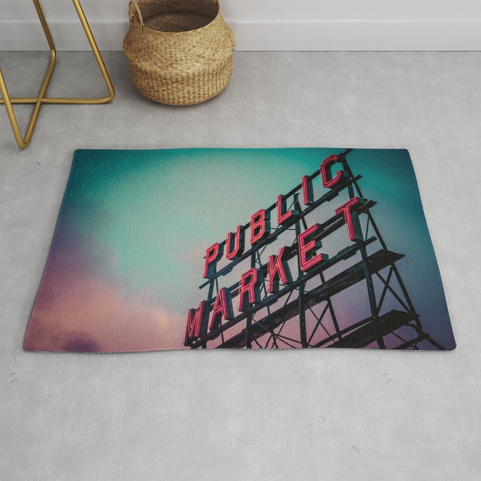 Seattle Pike Place Public Market Sign at Dawn Rug