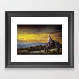 Lone Cowboy Rest Amidst Mountain Sunset Majesty Framed Art Print
