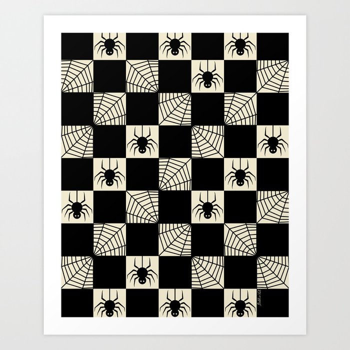 Checkered Halloween Spiders Spider Web Art Print