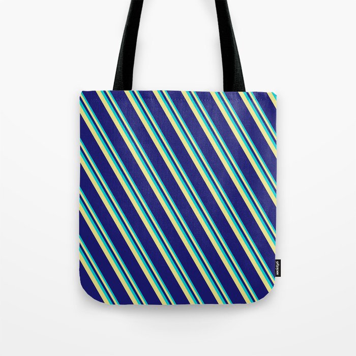 Dark Turquoise, Tan, and Midnight Blue Colored Lines/Stripes Pattern Tote Bag