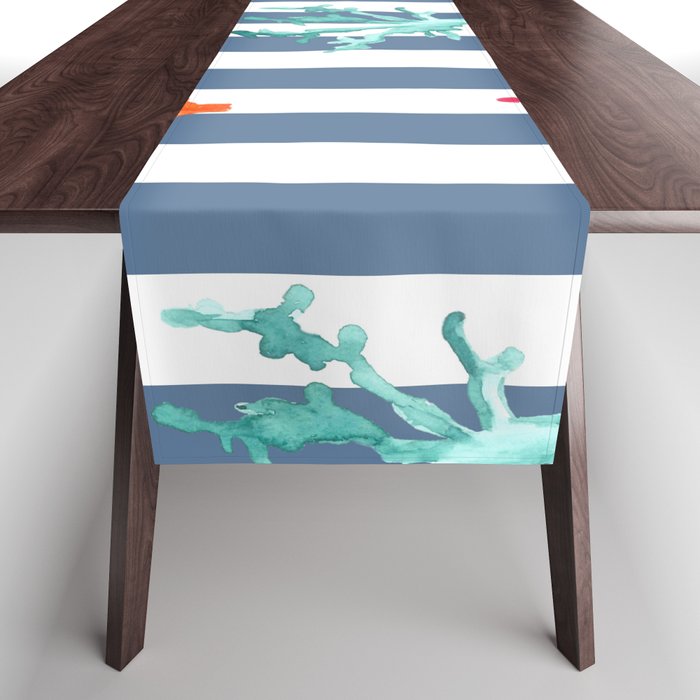 Colorful Coral Reef on Slate Blue Stripes Table Runner