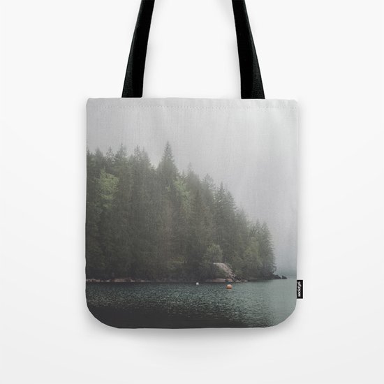 Foggy morning at the lake Tote Bag