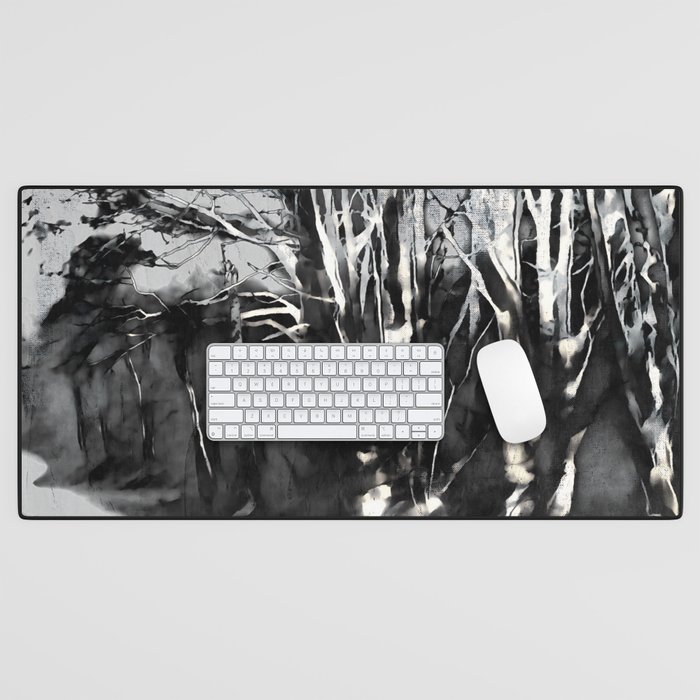 Pale Moon Forest Landscape Scenery in expressionistic in monochromatic black and white tones Desk Mat