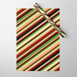 [ Thumbnail: Colorful Green, Pale Goldenrod, Brown, Dark Red & Black Colored Stripes Pattern Wrapping Paper ]