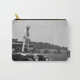 Pro golfer hitting golf ball off vintage car hood ornament on a dare par one 18th hole funny black and white golf sport photograph - photography - photographs Carry-All Pouch