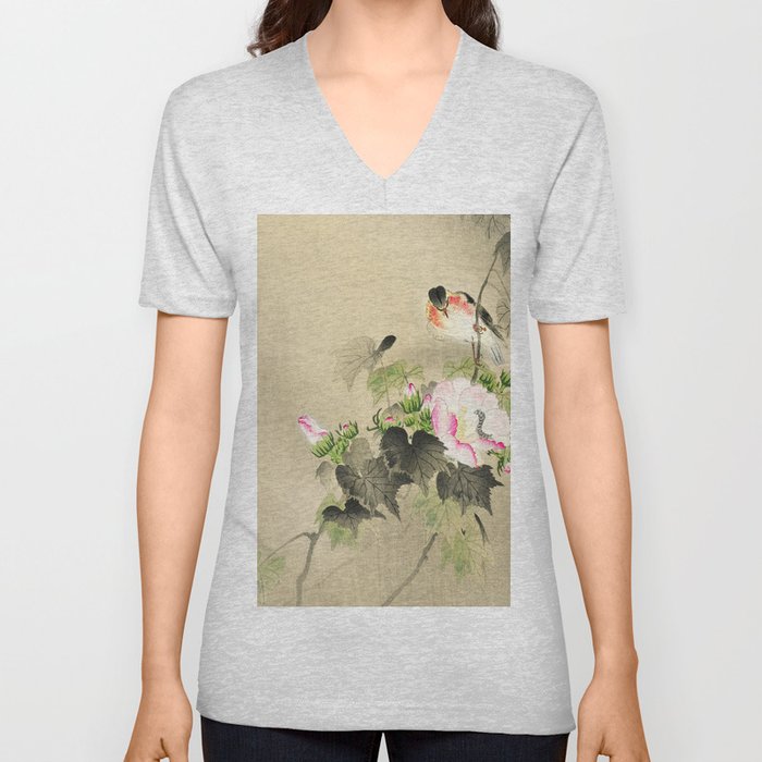 Bird sitting on a bush - Vintage Japanese Woodblock Print Art V Neck T Shirt