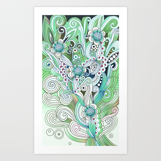 Zentangle Flower fire, green doodle Art Print