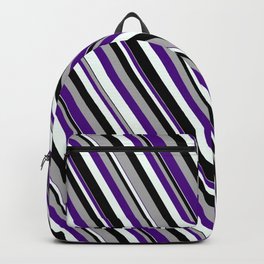 [ Thumbnail: Dark Grey, Indigo, Mint Cream & Black Colored Pattern of Stripes Backpack ]