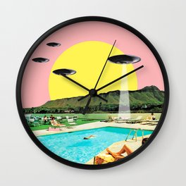 Invasion on vacation Wall Clock | Summer, Sci-Fi, Surreal, Scifi, Collage, Ufo, Kitsch, Paradise, Aliens, Vintage 