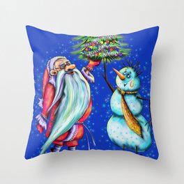 Santa Claus and Snowman are decorating the Christmas tree Throw Pillow