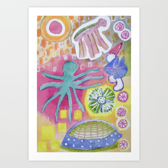 Blue Octopus and white Knight Art Print