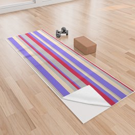 [ Thumbnail: Crimson, Grey, Bisque & Medium Slate Blue Colored Lined Pattern Yoga Towel ]