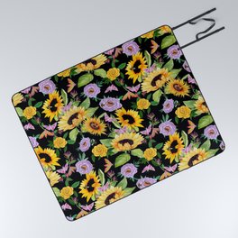 Bee and sunflower, moth and peony floral art on black Picnic Blanket