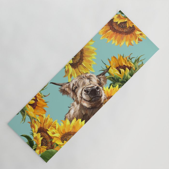 Highland Cow with Sunflowers in Blue Yoga Mat