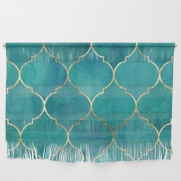 Turquoise Teal Golden Moroccan Quatrefoil Pattern II Wall Hanging