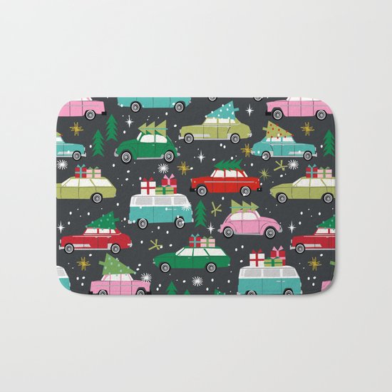 Christmas pattern print vintage cars holiday gifts presents christmas trees cute decor Bath Mat