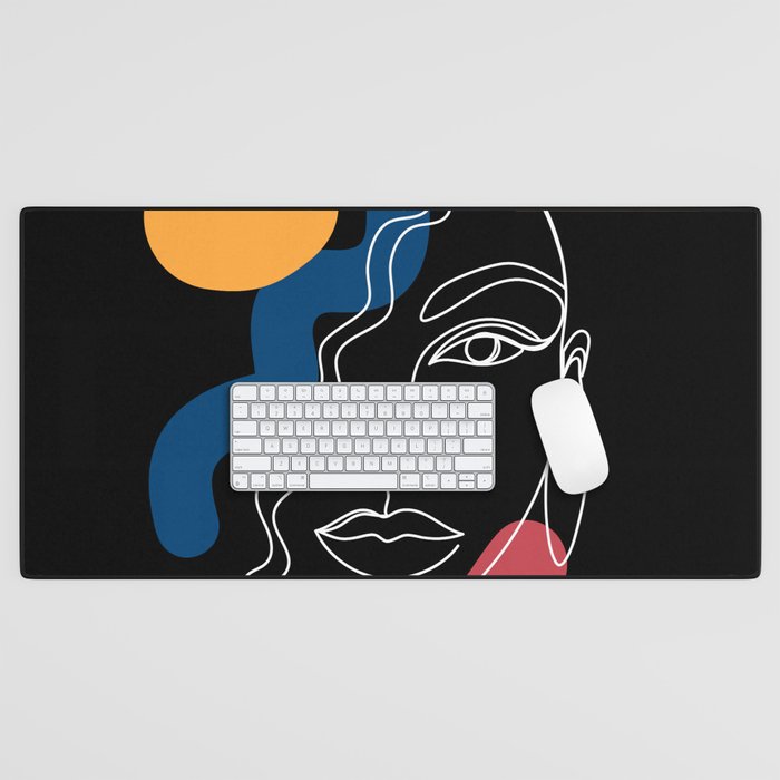 African woman in a line art style with abstract shapes on a black background. Desk Mat