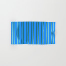 [ Thumbnail: Blue, Green & Dark Slate Gray Colored Lines/Stripes Pattern Hand & Bath Towel ]