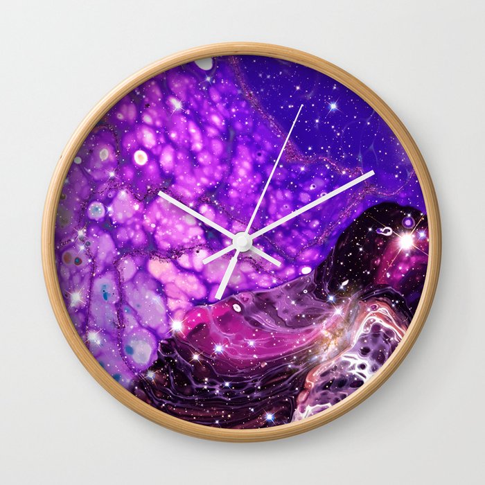 Neon marble space #3: purple, gold, stars Wall Clock
