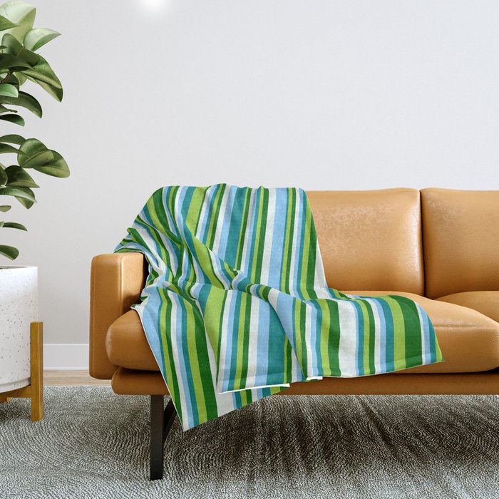 Light Sky Blue, Teal, Green, Dark Green, and Mint Cream Colored Striped Pattern Throw Blanket