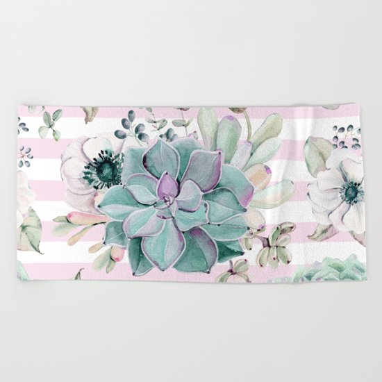Simply Succulent Garden on Desert Rose Pink Striped Beach Towel