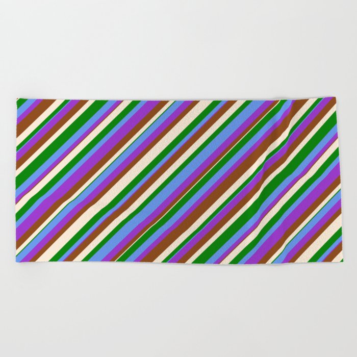Colorful Cornflower Blue, Dark Orchid, Brown, Beige & Green Colored Lined/Striped Pattern Beach Towel