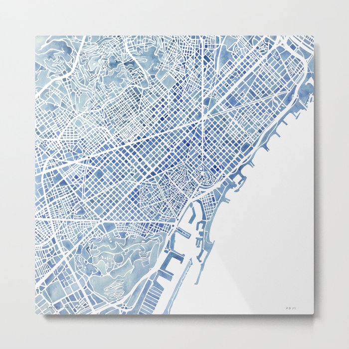 Barcelona Blueprint Watercolor City Map Metal Print