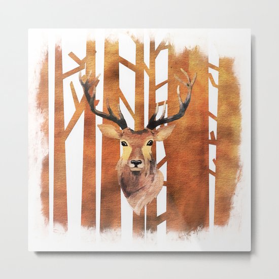 Proud deer in forest- Watercolor Illustration Metal Print