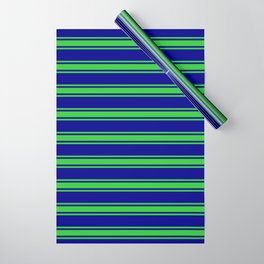 [ Thumbnail: Dark Blue and Lime Green Colored Stripes/Lines Pattern Wrapping Paper ]