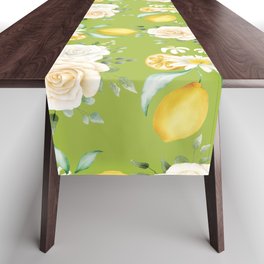 Lemons and White Flowers Pattern On Light Green Background Table Runner