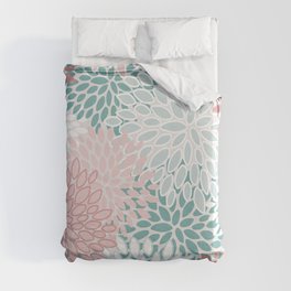 Floral Bloom, Teal, Green, Pink and White Duvet Cover