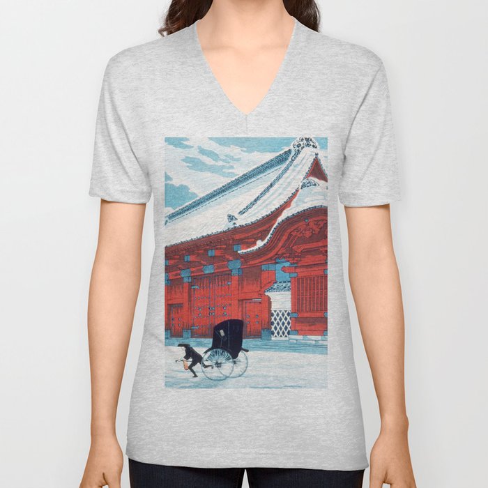 The Red Gate of Hongo in Snow  V Neck T Shirt