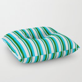 [ Thumbnail: Dark Green, Deep Sky Blue & Lavender Colored Lined/Striped Pattern Floor Pillow ]