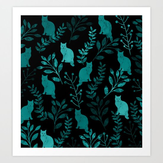 Watercolor Floral and Cat IV Art Print