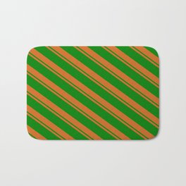 [ Thumbnail: Chocolate and Green Colored Lined/Striped Pattern Bath Mat ]