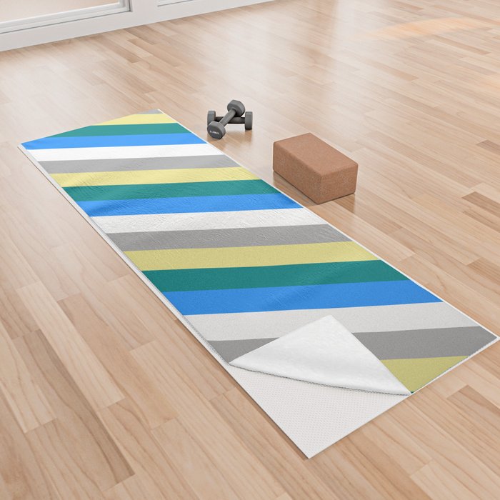 Eye-catching Tan, Teal, Blue, White & Dark Gray Colored Striped/Lined Pattern Yoga Towel