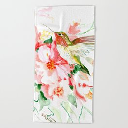 Hummingbird, Hawaiian Design, Hibiscus and Hummingbird Beach Towel