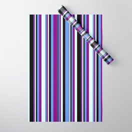 [ Thumbnail: Cornflower Blue, Purple, Light Cyan, and Black Colored Stripes Pattern Wrapping Paper ]