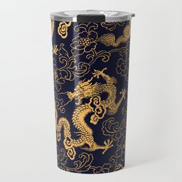 Chinese traditional golden dragon and peony hand drawn illustration pattern Travel Mug