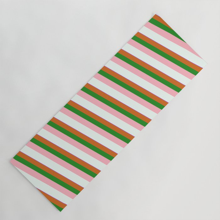 Orchid, Chocolate, Forest Green, Light Pink & Mint Cream Colored Striped/Lined Pattern Yoga Mat