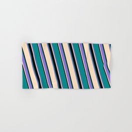 [ Thumbnail: Bisque, Black, Dark Cyan, and Purple Colored Striped Pattern Hand & Bath Towel ]