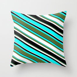 [ Thumbnail: Cyan, Dark Olive Green, White, and Black Colored Lined/Striped Pattern Throw Pillow ]