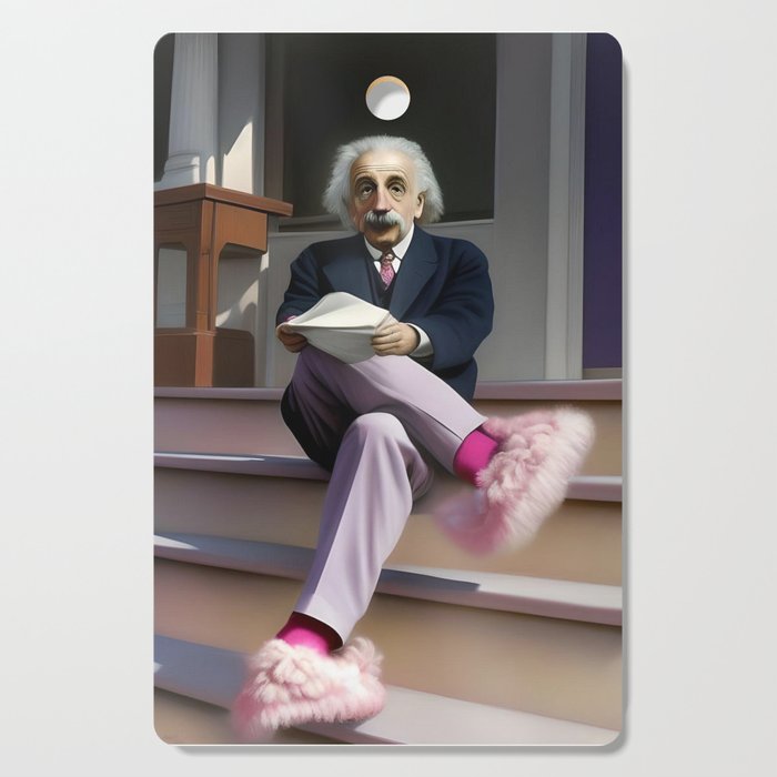 Albert Einstein sitting on porch in pink fuzzy slippers humorous satirical portrait painting Cutting Board