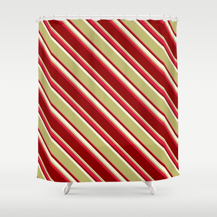Dark Khaki, Crimson, Dark Red & Beige Colored Pattern of Stripes Shower Curtain