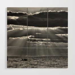 Rays of sun and lighthouse sun through clouds seascape coastal portrait black and white photograph - photography - photographs Wood Wall Art
