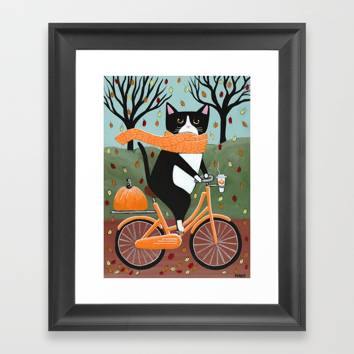 Tuxedo Cat Autumn Bicycle Ride Framed Art Print