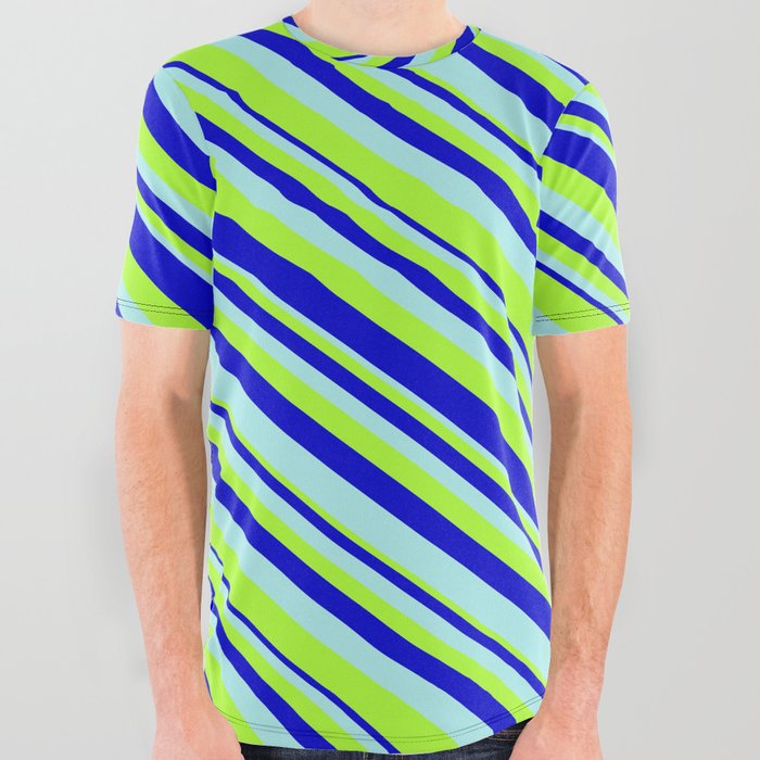 Turquoise, Light Green, and Blue Colored Stripes Pattern All Over Graphic Tee
