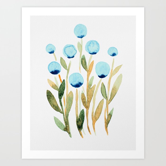 Simple watercolor flowers - blue and sap green Art Print by Angela Minca